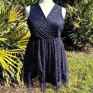 Shein EARO Blue Silver Polka Dot Dress Size XL Mesh Net Sleeveless Stretchy Y2K
